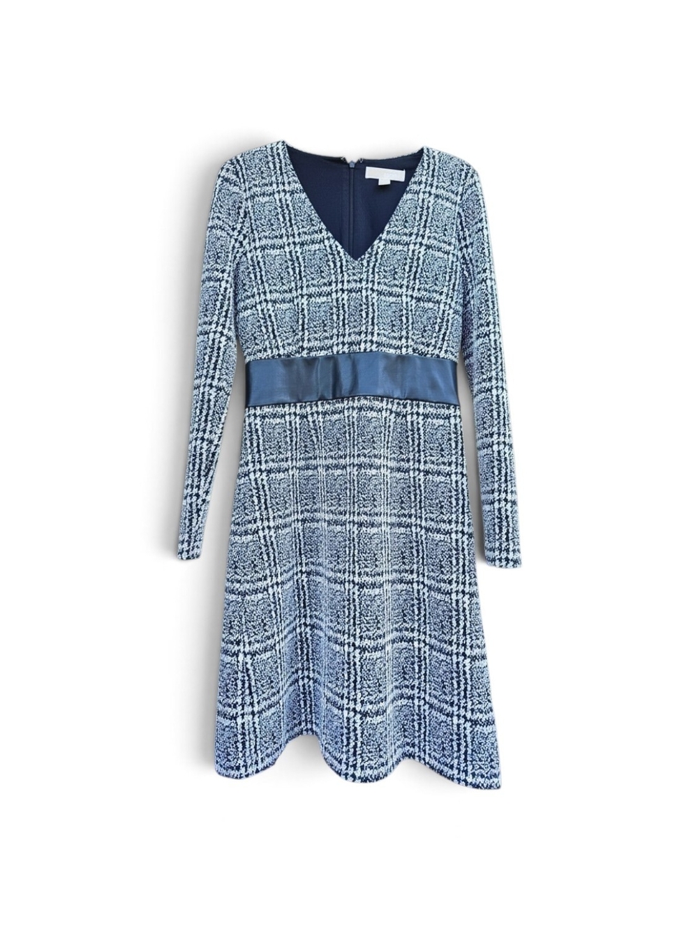 MICHAEL Michael Kors V-Neck Long-Sleeve Plaid Dress Faux-Leather Waistband Sz S